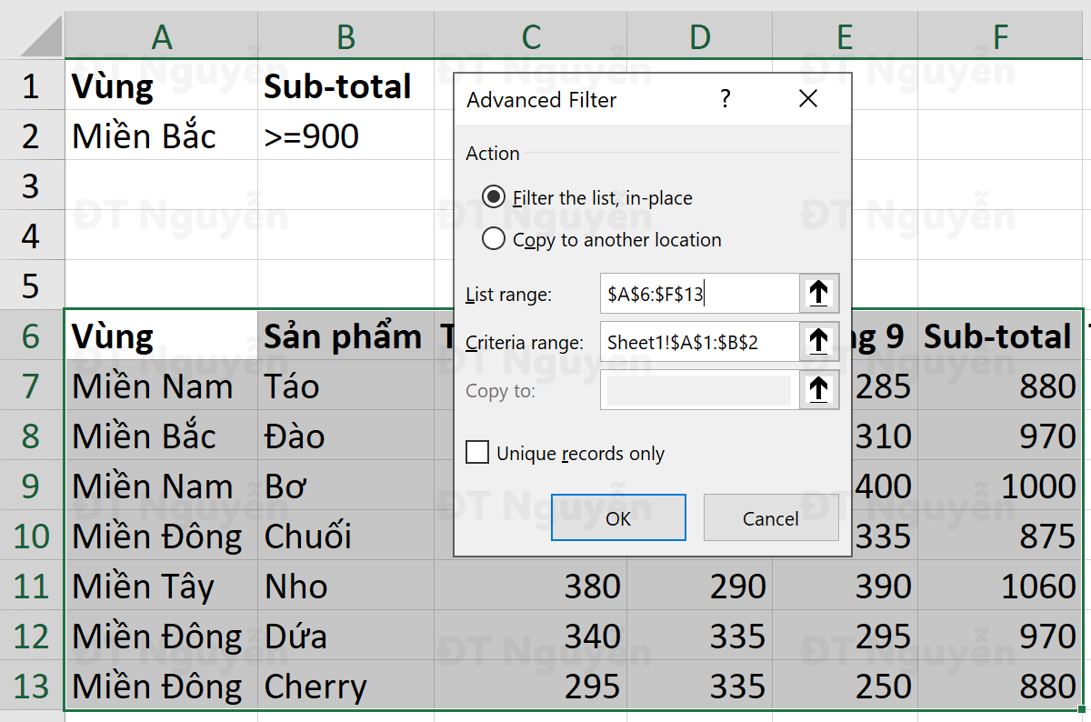 Thiết lập advanced filter trong Excel