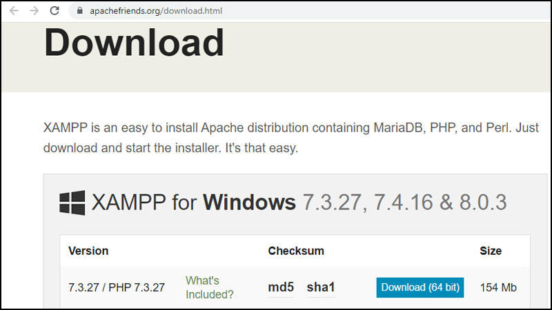 Download phần mềm tại trang chủ của XAMPP